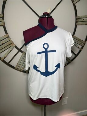 CBR White One-Shoulder Tee with Navy Anchor Graphic